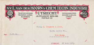 711303 Briefhoofd van briefpapier van N.V. L. van der Hoorn's, Chemisch-Technische Industrie, Jutfaasche Weg 186 te Utrecht.